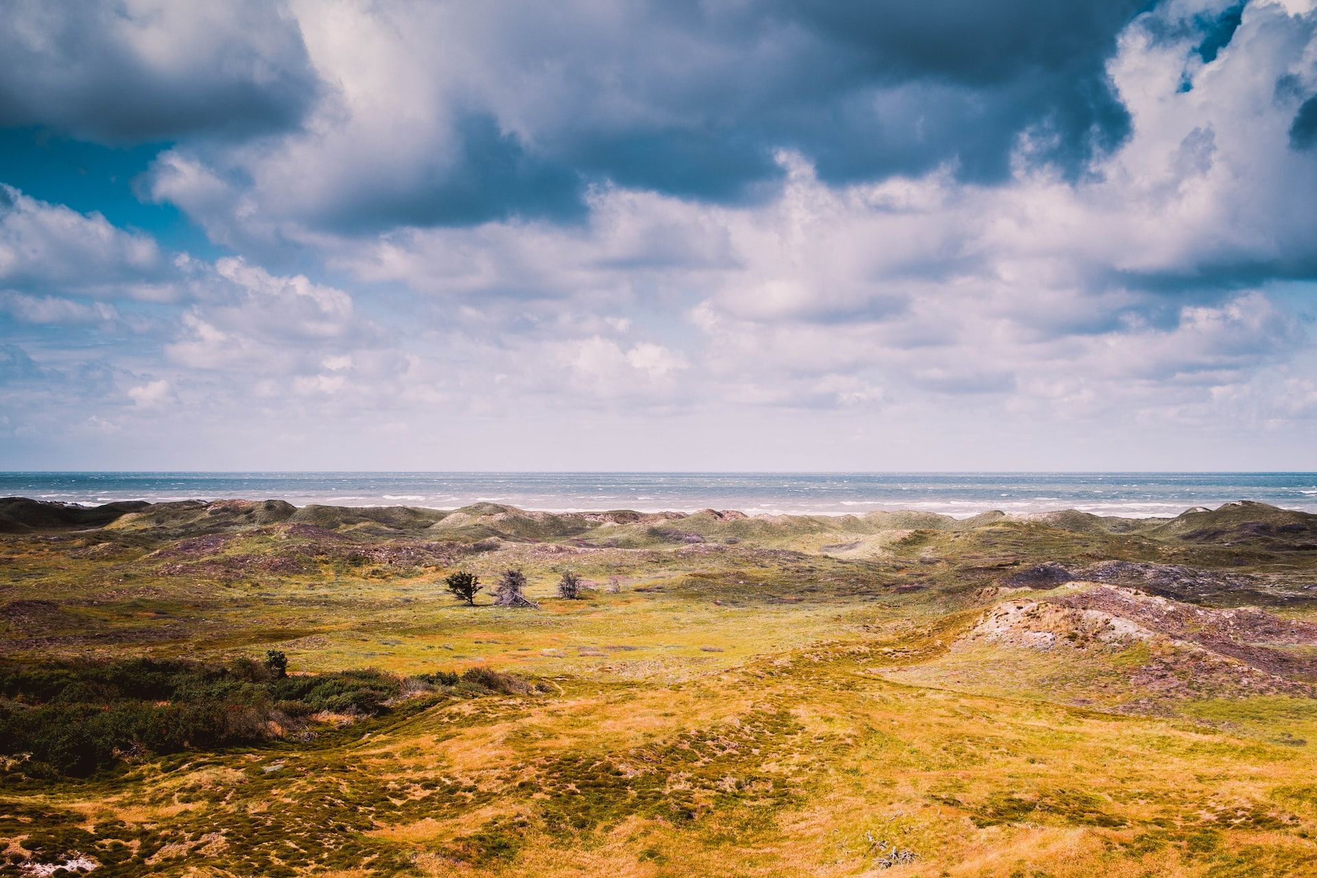 Bewölkter Himmel. Meer im Hintergrund und im Vordergrund eine Landschaft vor einem Strand.